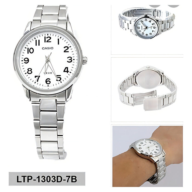 Reloj Pulsera Casio Mujer Analogico Clasico Ltp-1303d-7b Color Plateado Blanco
