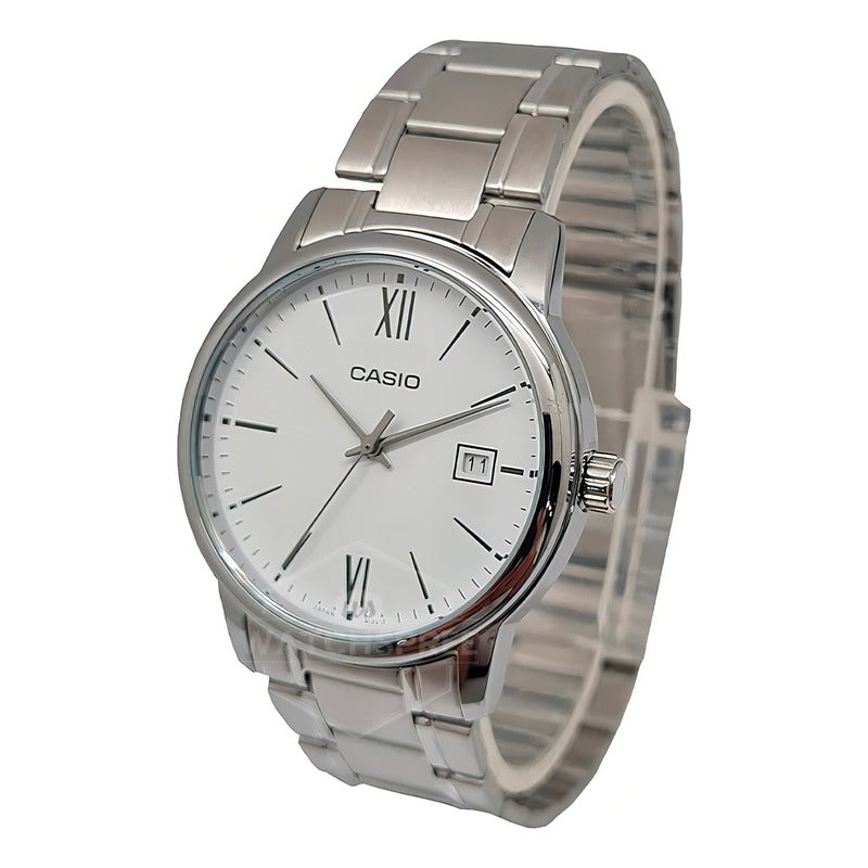 Reloj Pulsera Casio Mtp-v002d-1b3ud Con Correa De Acero Inoxidable Color Gris - Fondo Negro