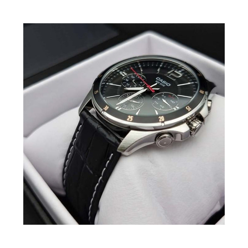 Reloj Casio Mtp-1374l-1a Hombre Multifuncion Acero Cuero 50m Wr Negro