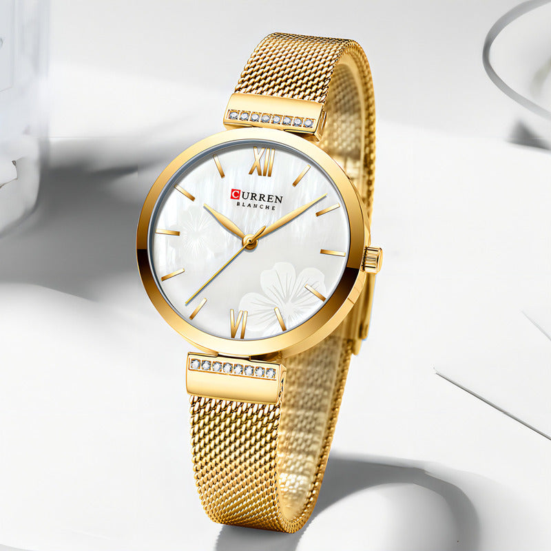 Reloj Curren De Cuarzo Inoxidable De Malla Elegante Para Muj Color De La Correa Dorado Blanco