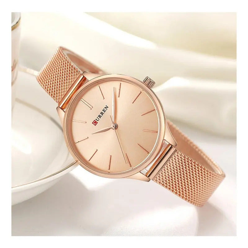 Relojes Curren 9024 Mesh Belt Quartz Para Mujer Correa Rose Dorado White