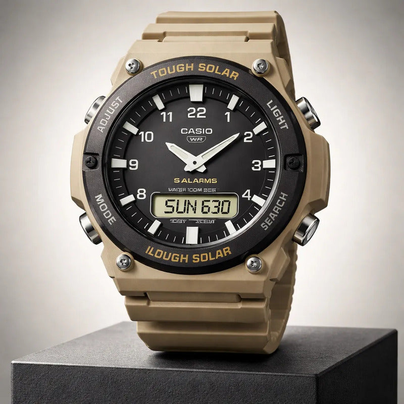 Reloj Casio Solar Análogo-digital Para Hombre Aq-s820w-5av Beige Negro