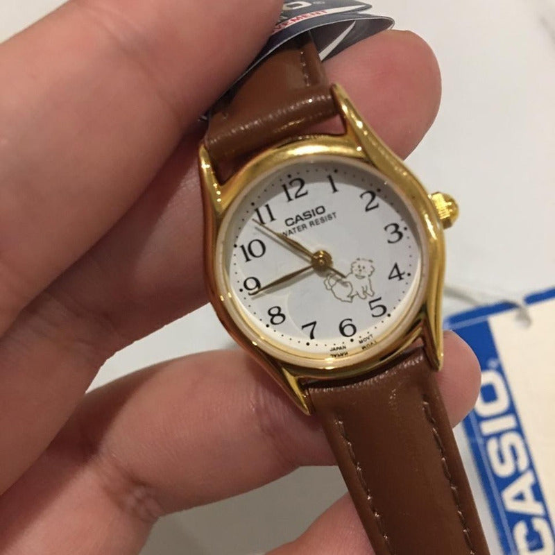 Reloj Casio Cuero Dama Ltp-1094q-7b7 Original Marrón Claro Dorado Blanco