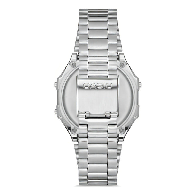 Reloj Pulsera Digital Casio A168wa-1 Con Correa De Acero Inoxidable Color Plateado - Fondo Gris/negro/azul