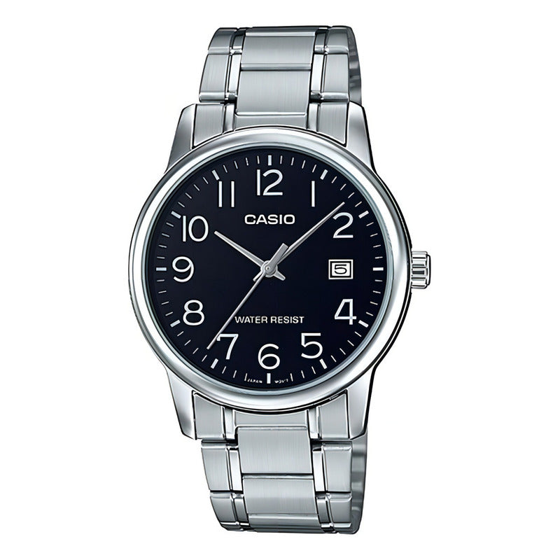 Reloj Pulsera Casio Mtp-v002d-1bu Con Correa De Acero Inoxidable Color Plateado - Fondo Negro