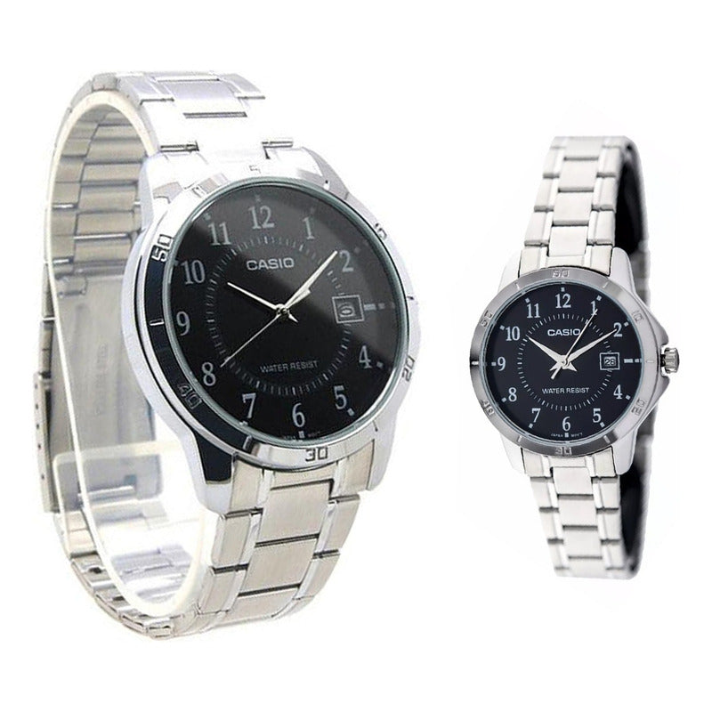 Combo Reloj Hombre Mujer Metal Mtp-ltp-v004d-1b Relojesymas Plateado
